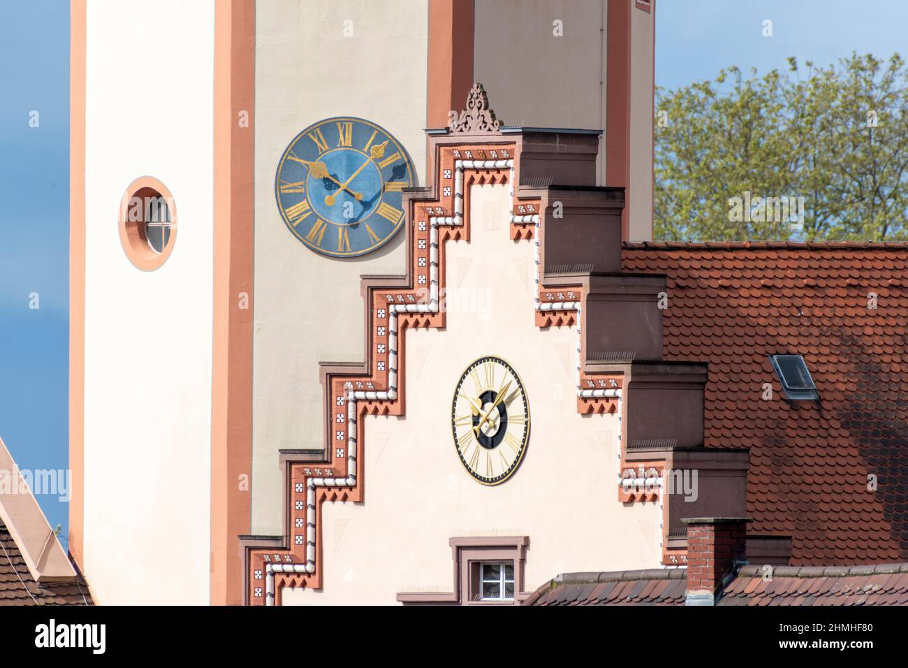 Germany, Baden-Württemberg, Karlsruhe, Durlach, town hall and church clock. Stock Photo