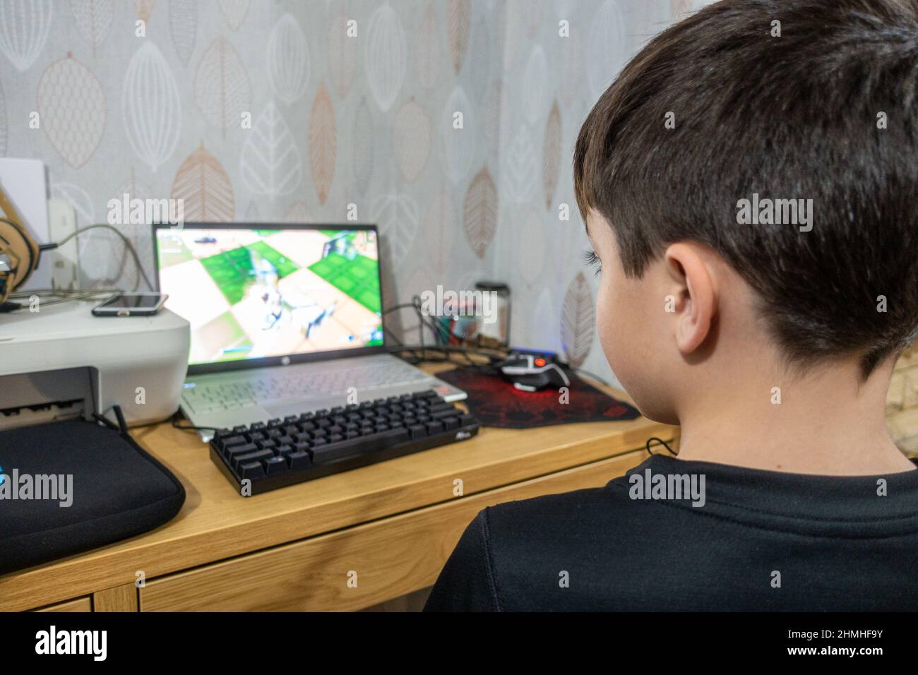 A boy plays a computer game on a laptop computer, seen over the shoulder from behind. Stock Photo