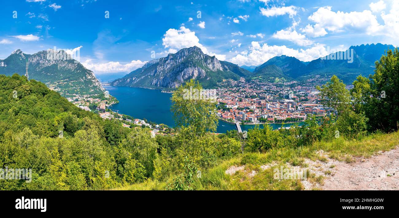 Lake Como scenery panoramic view from the hill above town of Lecco, Lombardy region of Italy Stock Photo