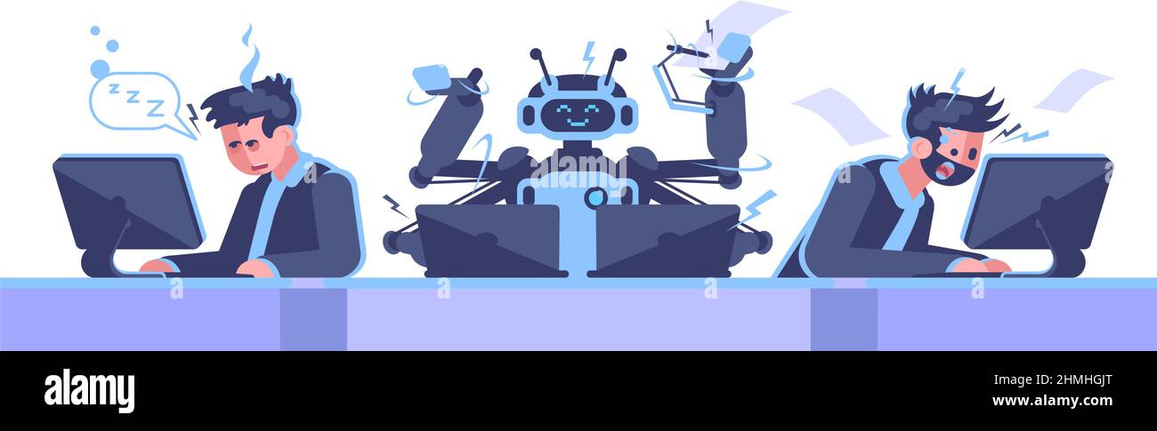 Robots more productive than human workers semi flat color vector illustration Stock Vector