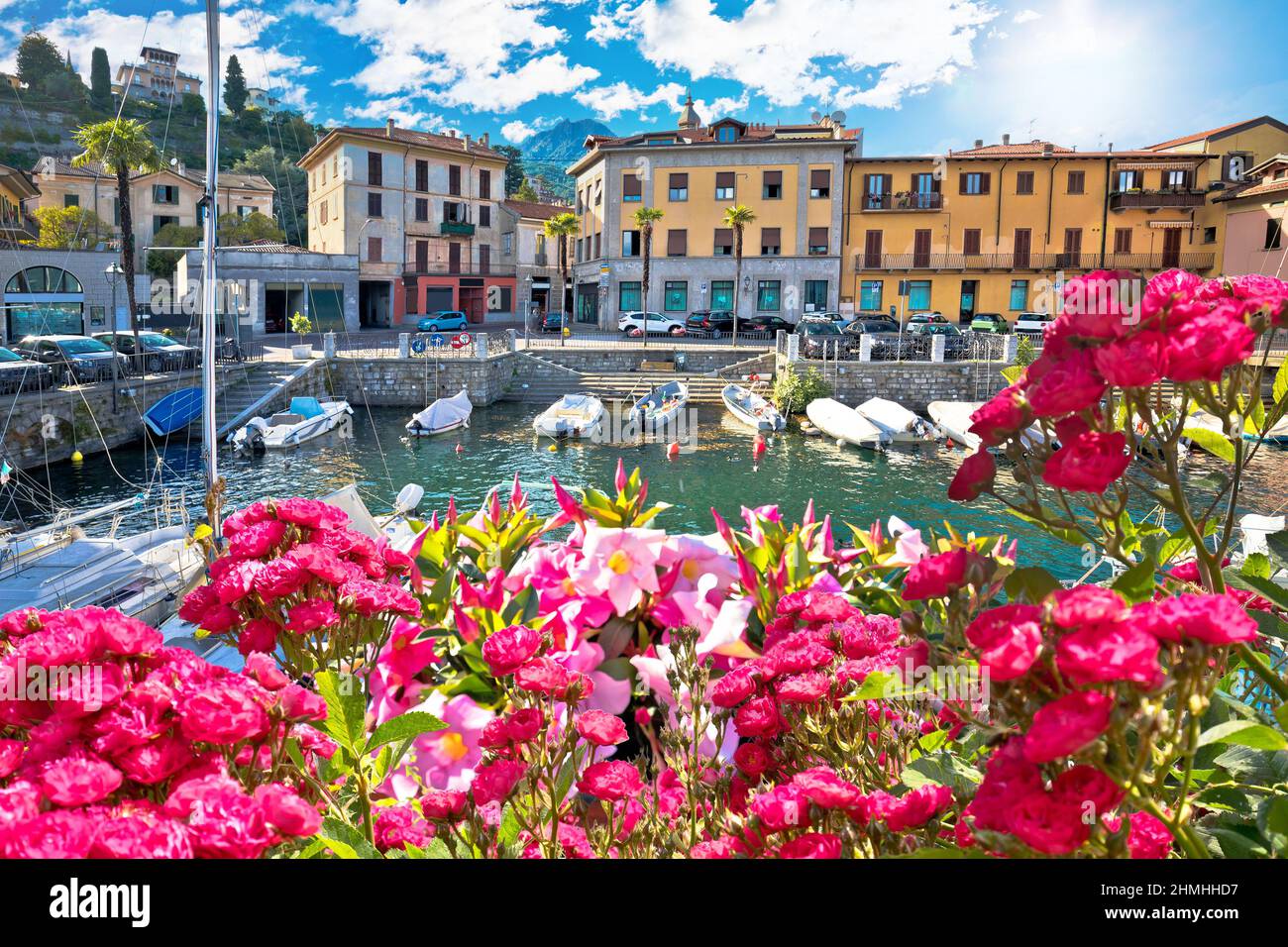 Town of Menaggio on Como lake waterfront flower view, Lombardy region of Italy Stock Photo