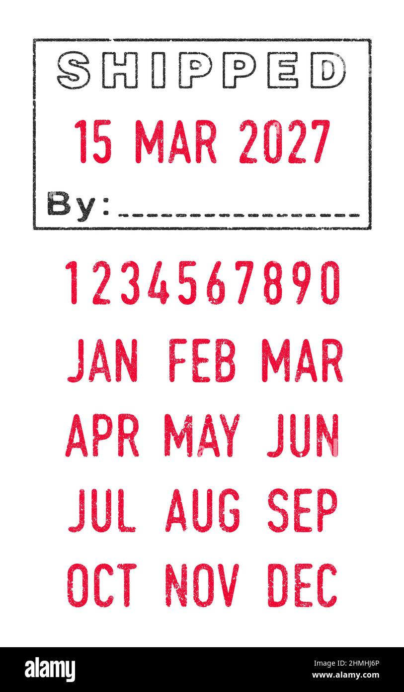 Vector illustration of the Shipped stamp and editable dates (day, month and year) in ink stamps Stock Vector