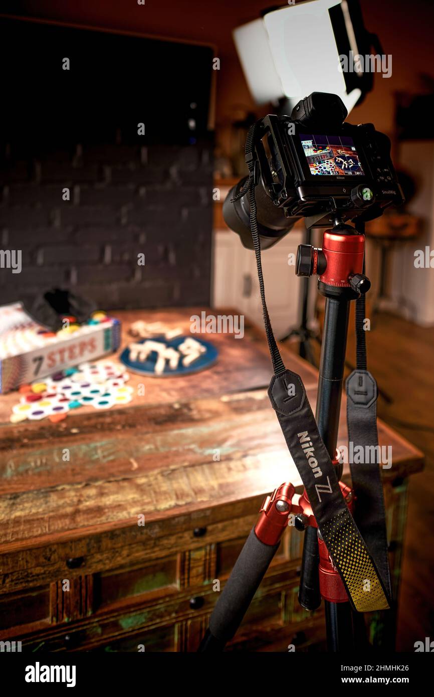 Berlin, Germany - February 10, 2022: Photo studio equipment for taking pictures of products at home. Stock Photo