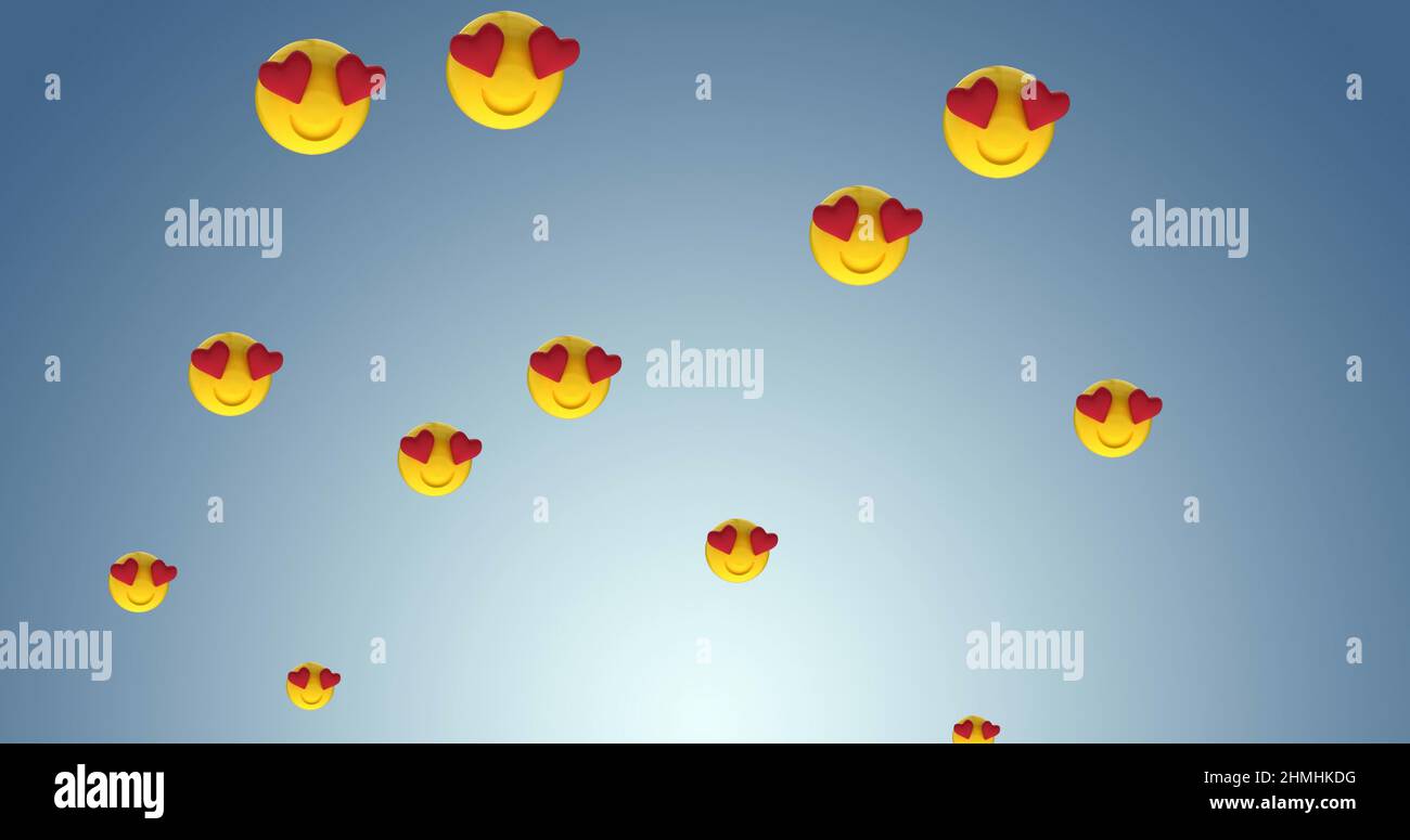 Digital image of multiple heart eyes face emojis floating against blue