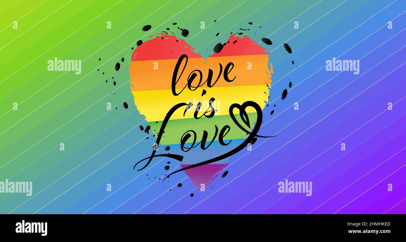 Image of love is love text on heart over rainbow stripes Stock Photo ...