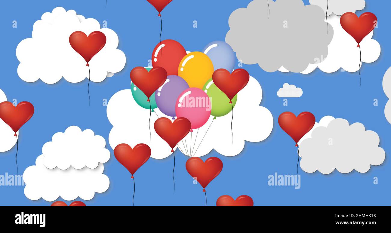 Multiple heart shaped balloons floating against blue sky Stock Photo ...