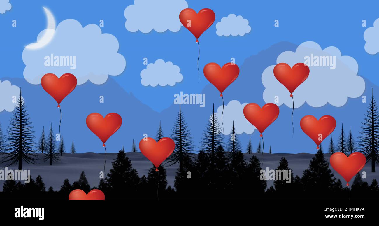 Multiple heart shaped balloons floating landscape and blue sky Stock ...