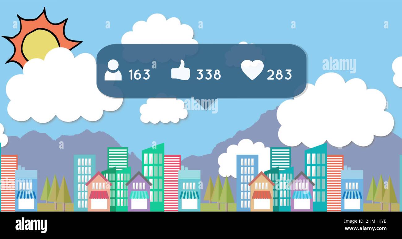 Speech bubble with heart, profile, thumbs up icons and increasing numbers against cityscape Stock Photo