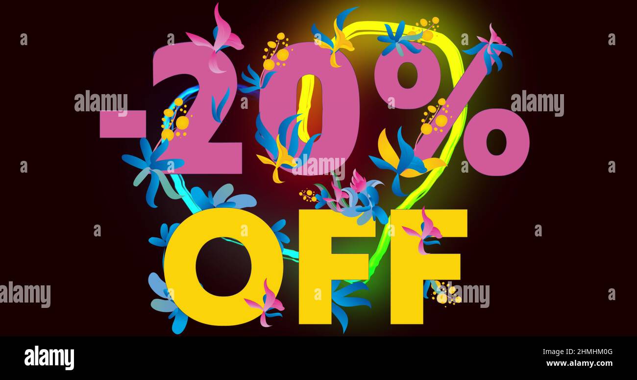 Image of neon heart and 20 percent off with flowers on black background Stock Photo