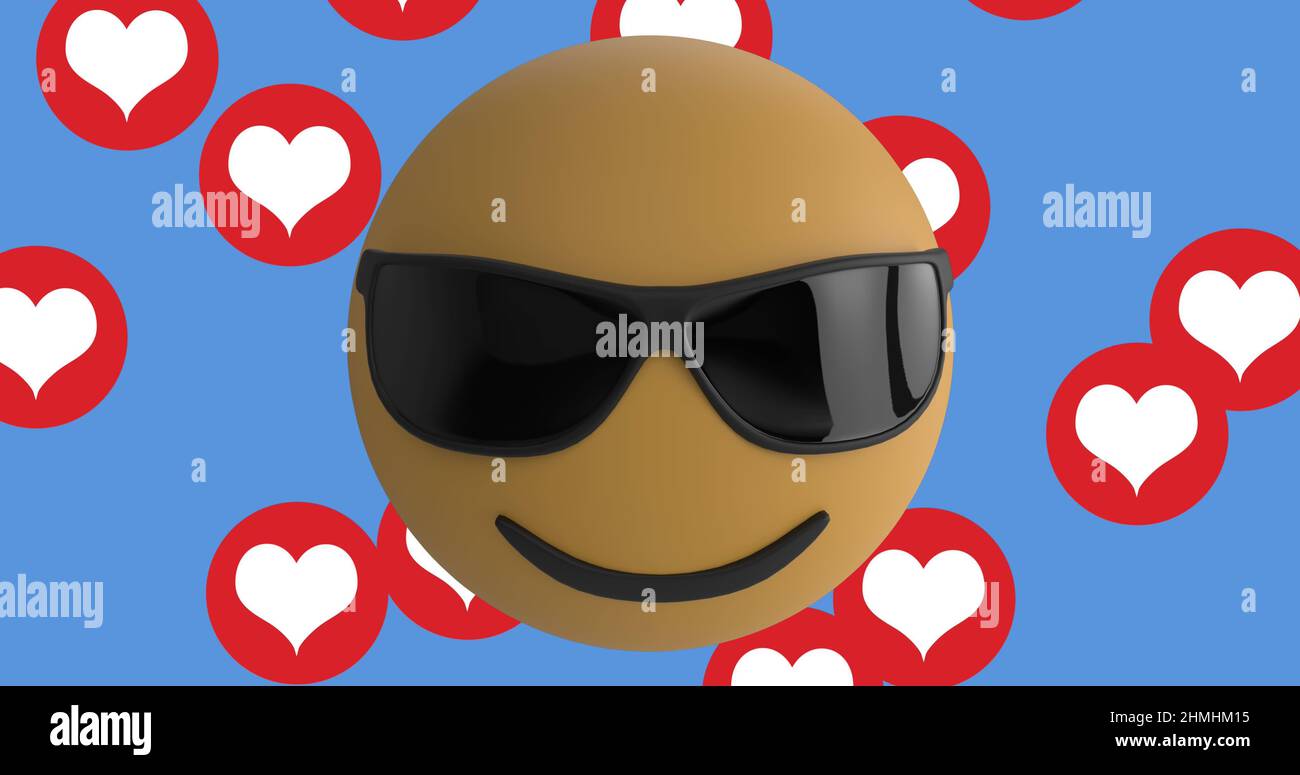 Face wearing sunglasses emoji over multiple red heart icons floating