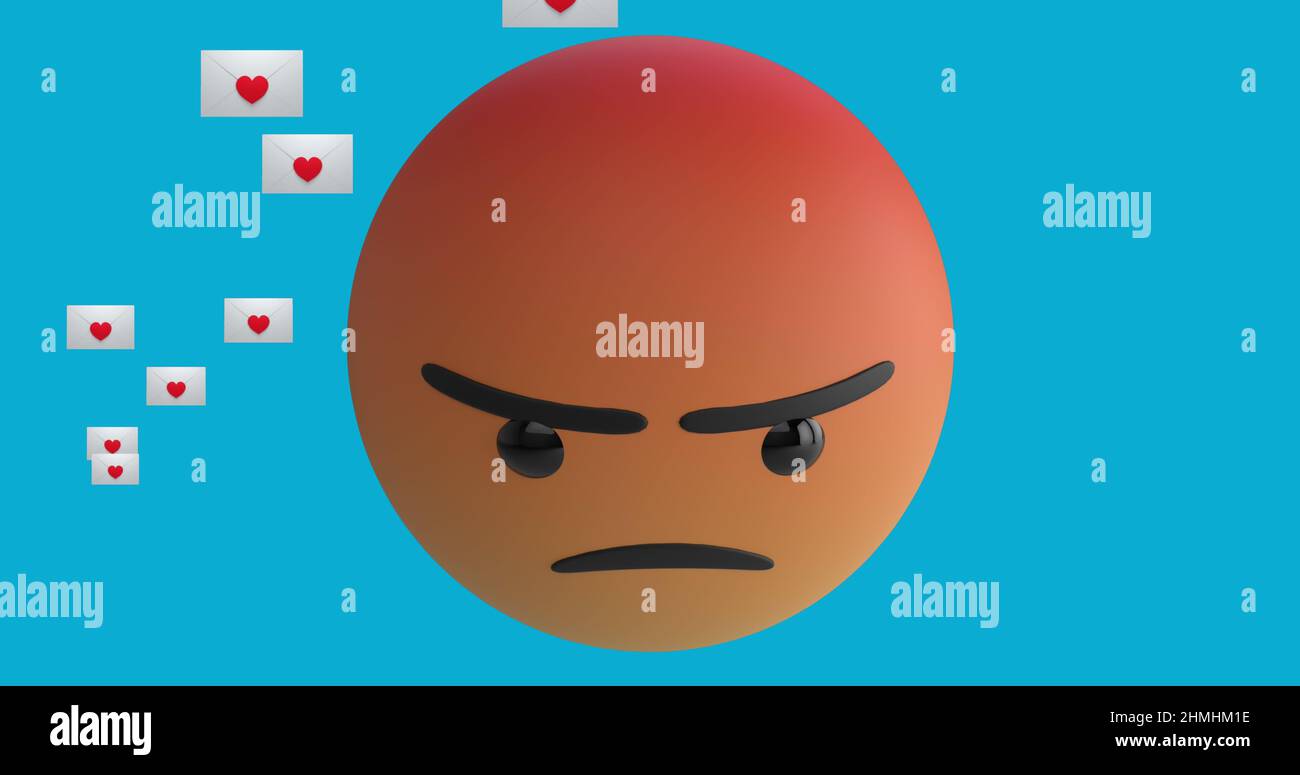 Image of angry emoji icon with red heart icons on blue background Stock Photo