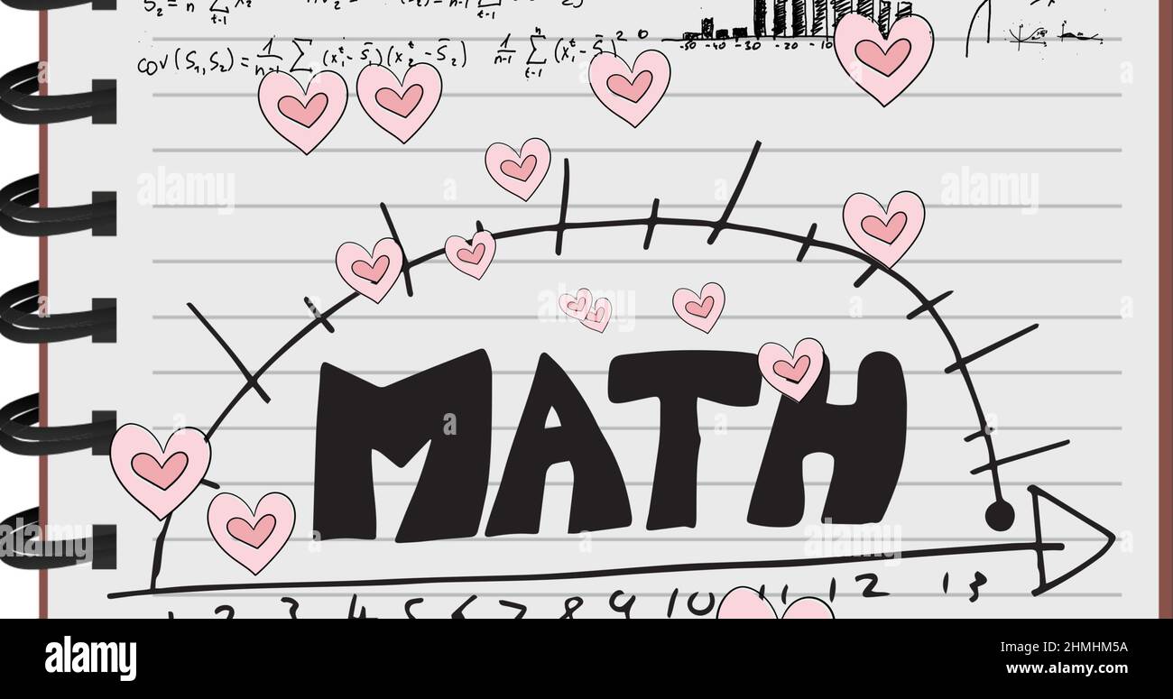 Image of hearts falling over mathematical equations in school notebook ...