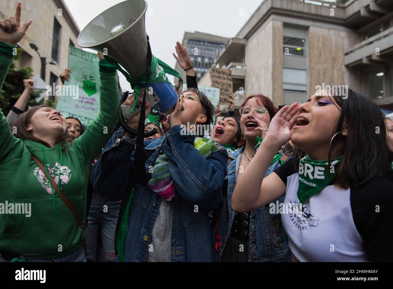 Pro-Choice feminist movements demonstrate in the outskirts of the Constitutional Court, at the Justice Palace in support of the decriminalization of a Stock Photo