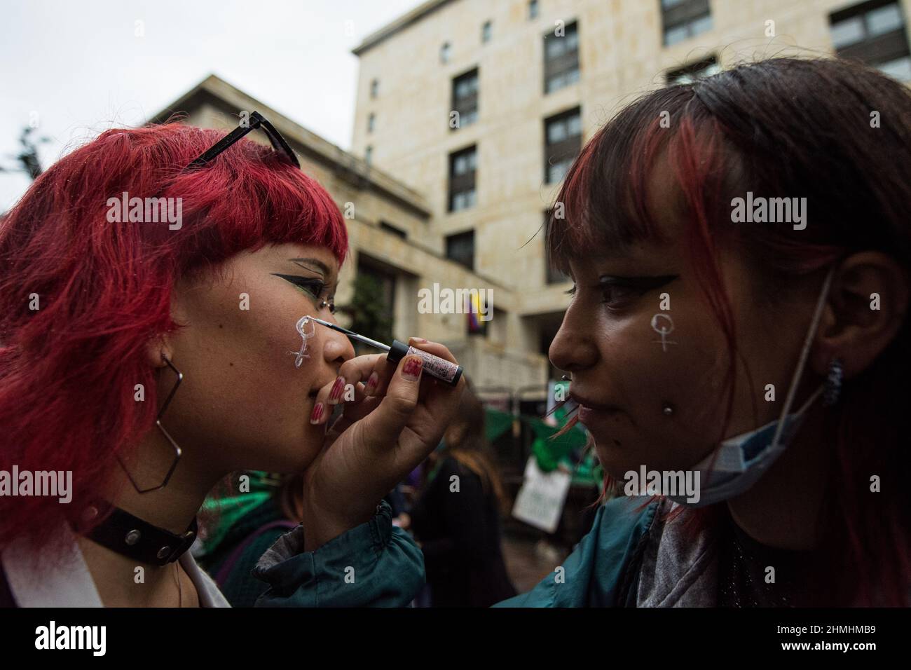 Pro-Choice feminist movements demonstrate in the outskirts of the Constitutional Court, at the Justice Palace in support of the decriminalization of a Stock Photo