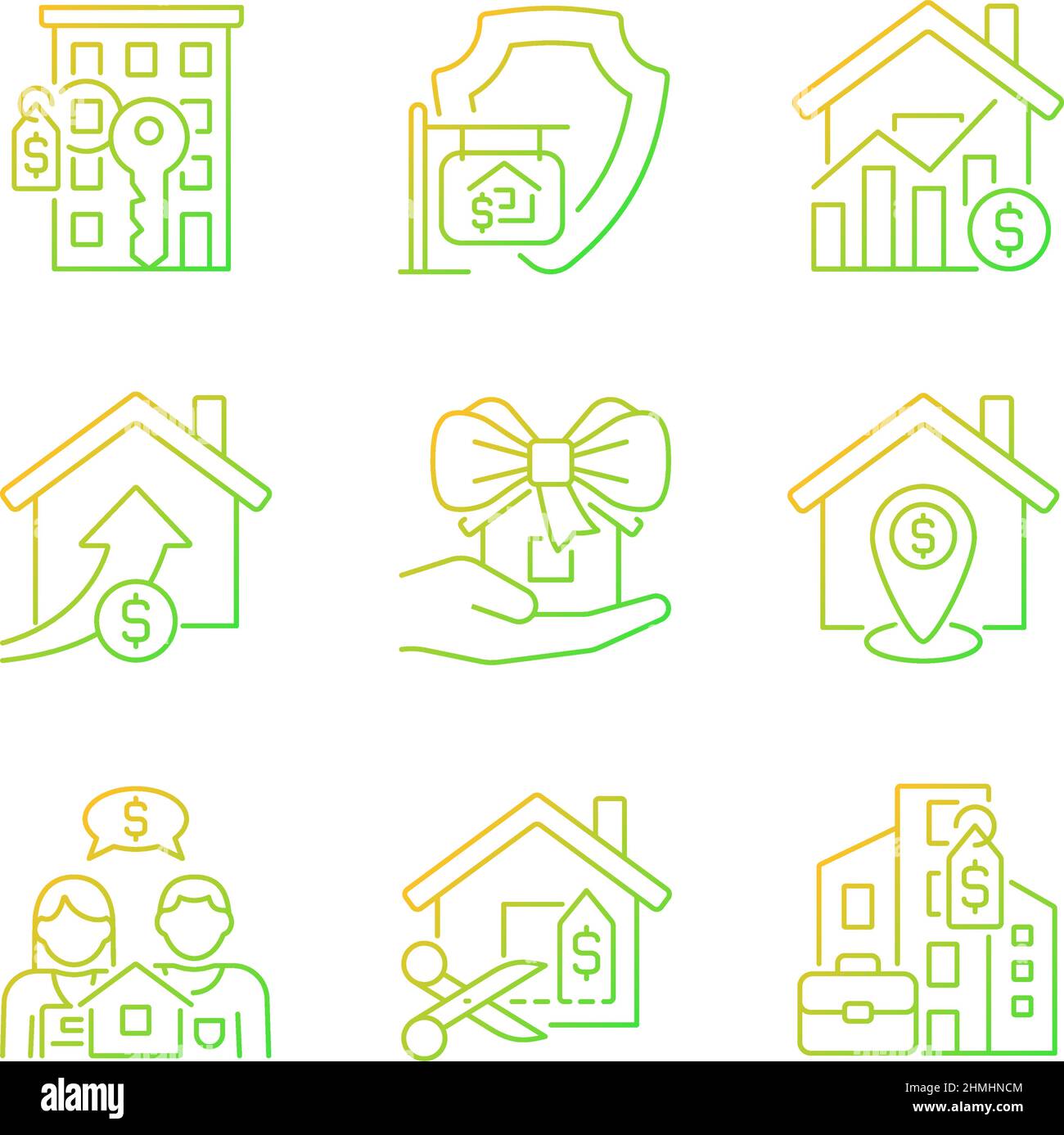 Immovable property purchasing gradient linear vector icons set Stock Vector
