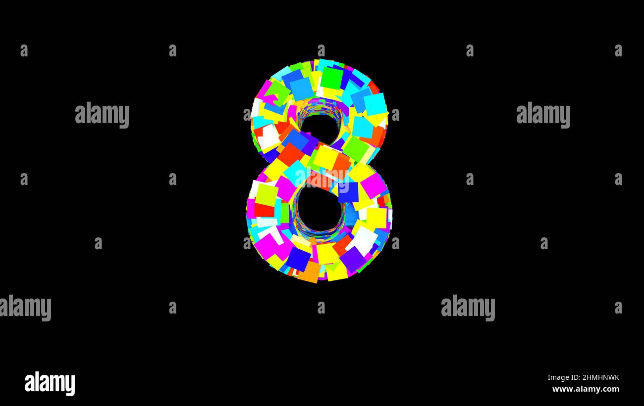 Number 8. 3D Bright colored uppercase large number 8 empty black