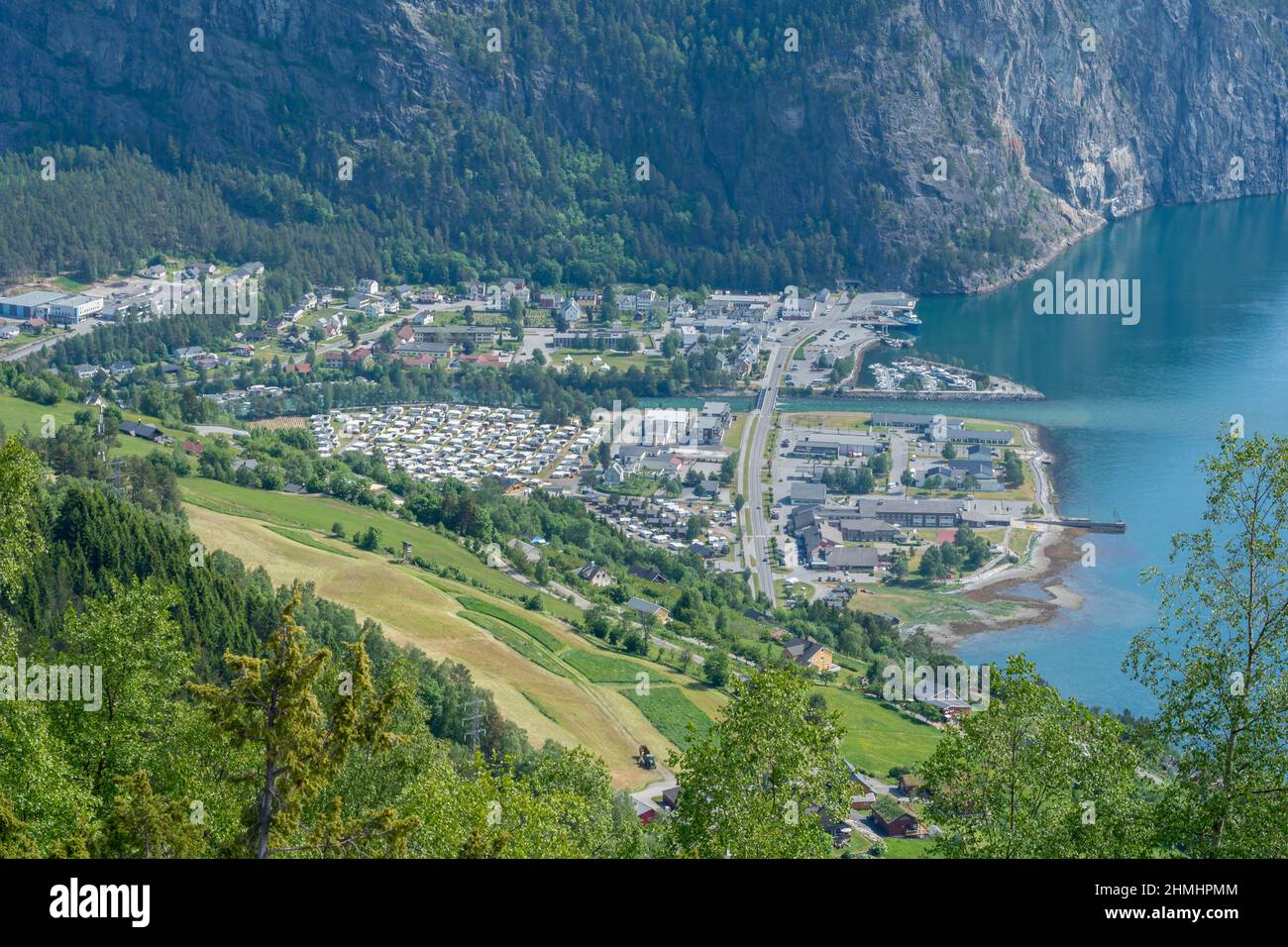 VALLDAL, NORWAY - 2020 JUNE 14. Arial view over Valldal village. Stock Photo