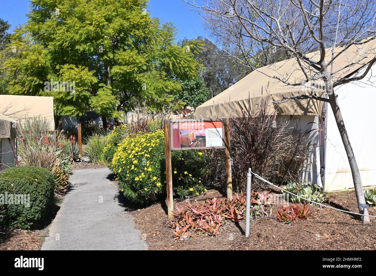 ESCONDIDO, CALIFORNIA - 9 FEB 2022:  Sign at the Roar and Snore Camp Ground at the San Diego Zoo Safari Park, where guests can overnight in the park. Stock Photo