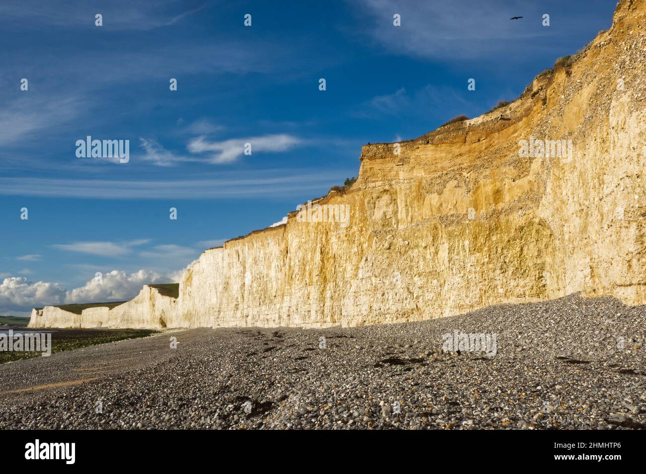 The Seven Sisters Chalk cliffs at Birling Gap near Eastbourne in East Sussex, England, with shingle beach. Stock Photo