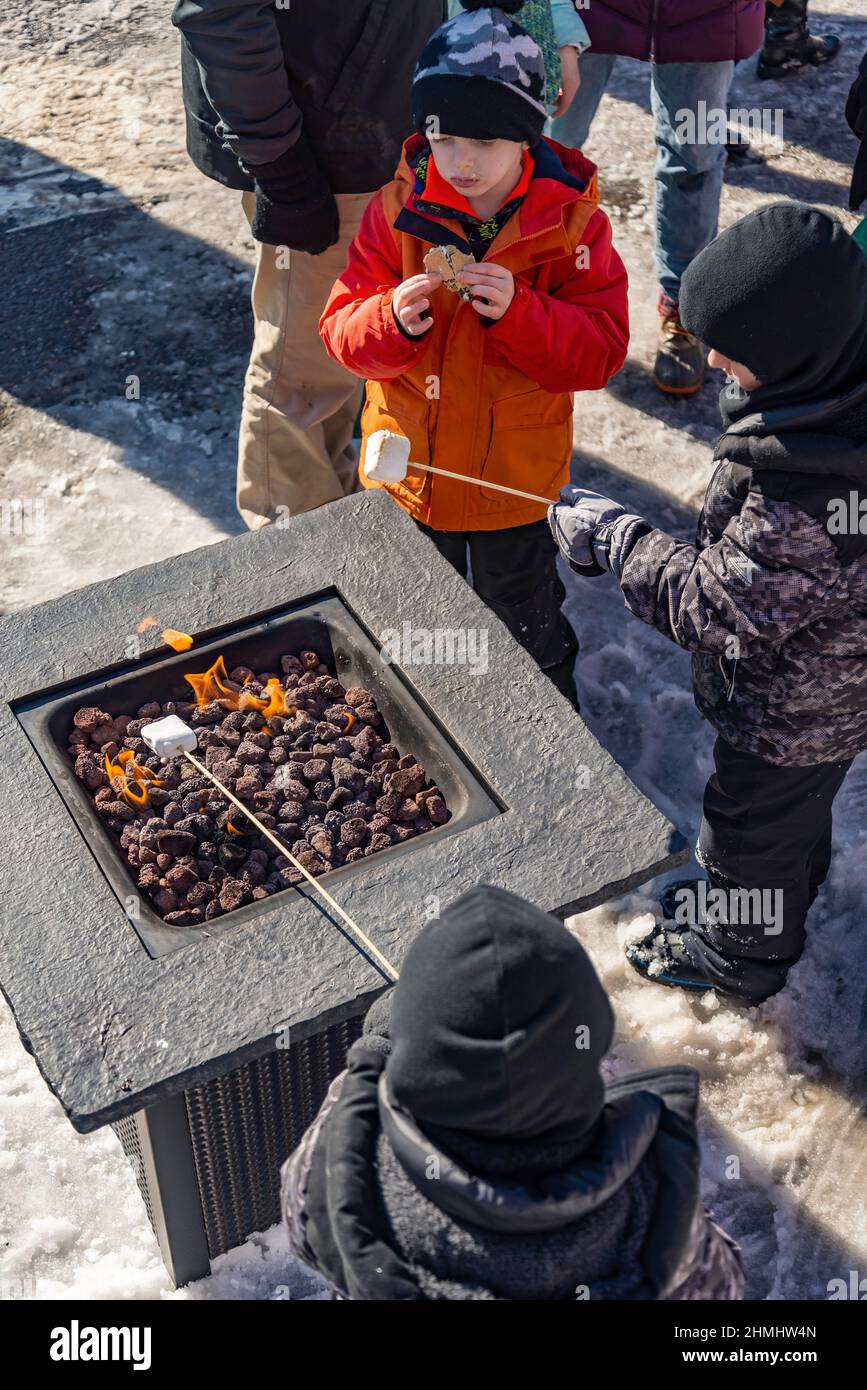 marshmallow on a stick being roasted over a camping fire Stock Photo