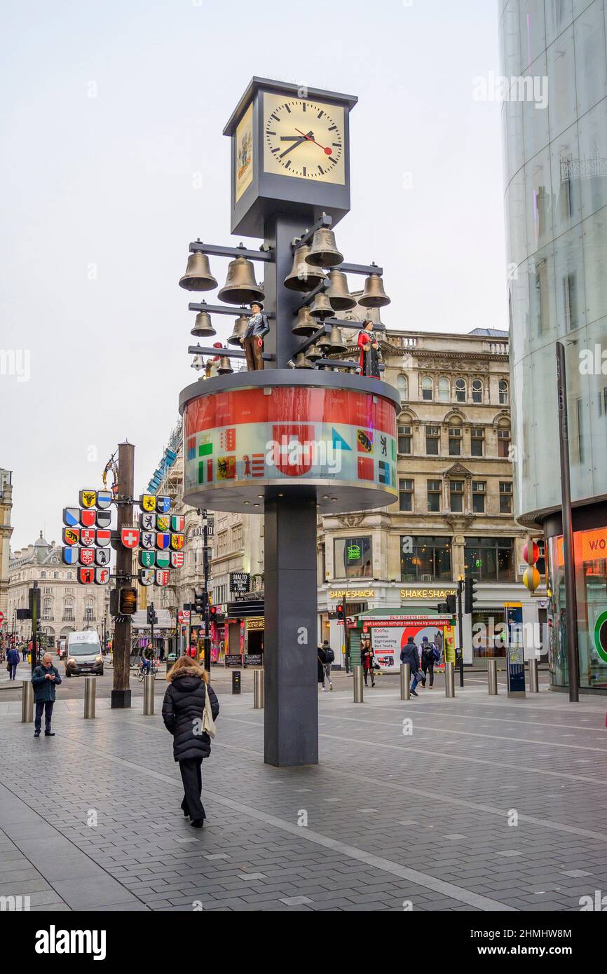 22 February 2022. The Swiss glockenspiel in Leicester Square, situated