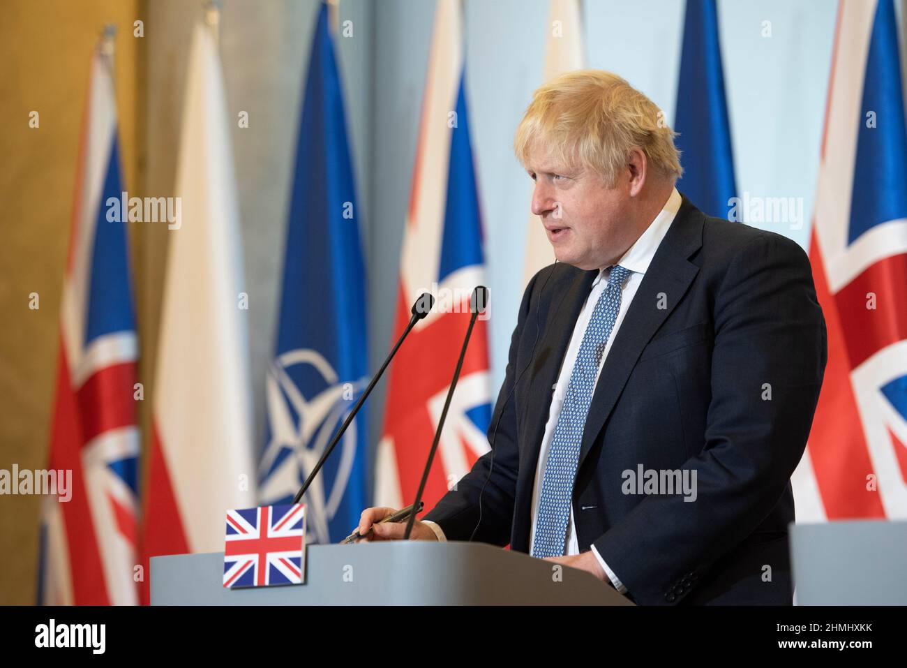 Warsaw, Warsaw, Poland. 10th Feb, 2022. British Prime Minister BORIS JOHNSON is seen during a meeting held in the chancellery of the Prime Minister of Poland on February 10, 2022 in Warsaw, Poland. The British Prime Minister Borish Johnson met Polish Prime Minister Mateusz Morawiecki to discuss about security in eastern Europe and Russian military build up on the border with Ukraine. Credit: ZUMA Press, Inc./Alamy Live News Stock Photo