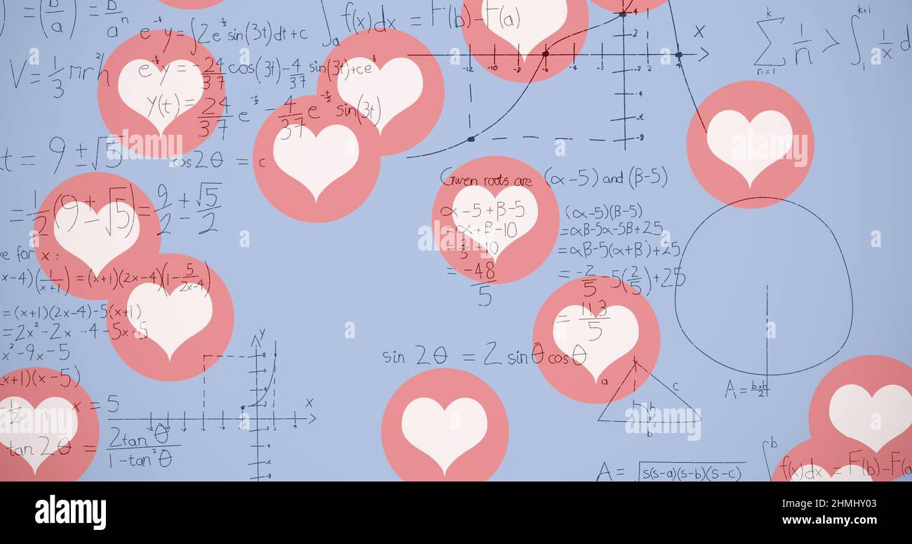 Image of hearts falling over mathematical equations on white background ...