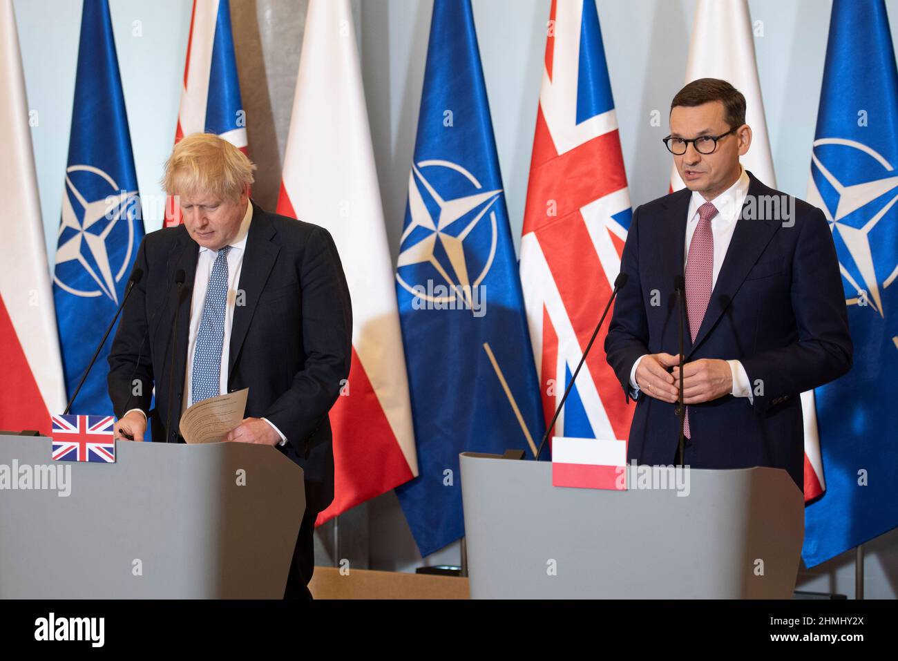 Warsaw, Warsaw, Poland. 10th Feb, 2022. Polish Prime Minister MATEUSZ MORAWIECKI (R) and British Prime Minister BORIS JOHNSON (L) give a press conference during a meeting held in the chancellery of the Prime Minister of Poland on February 10, 2022 in Warsaw, Poland. The British Prime Minister Borish Johnson met Polish Prime Minister Mateusz Morawiecki to discuss about security in eastern Europe and Russian military build up on the border with Ukraine. Credit: ZUMA Press, Inc./Alamy Live News Stock Photo