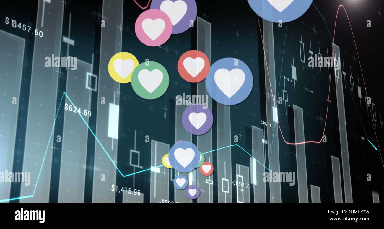 Image of heart icons over statistics and data processing Stock Photo ...