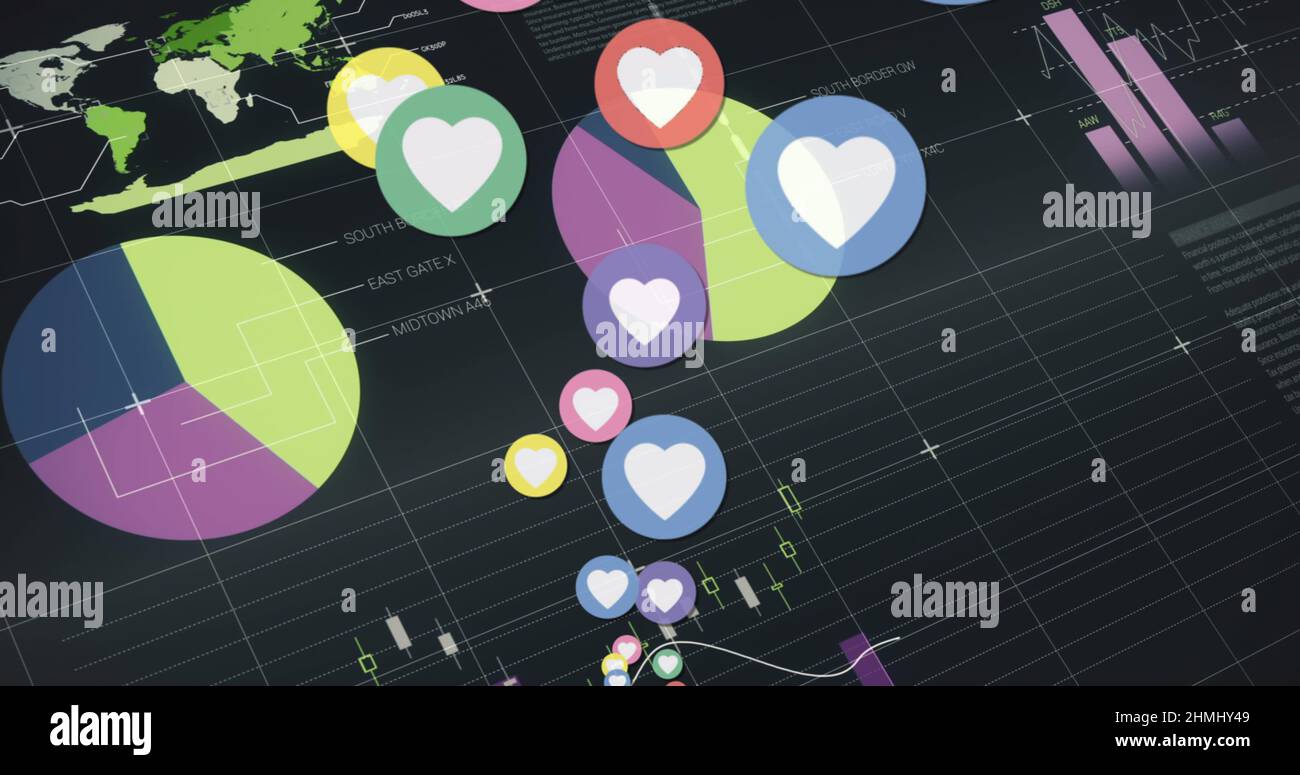 Image of heart icons over statistics and data processing Stock Photo ...