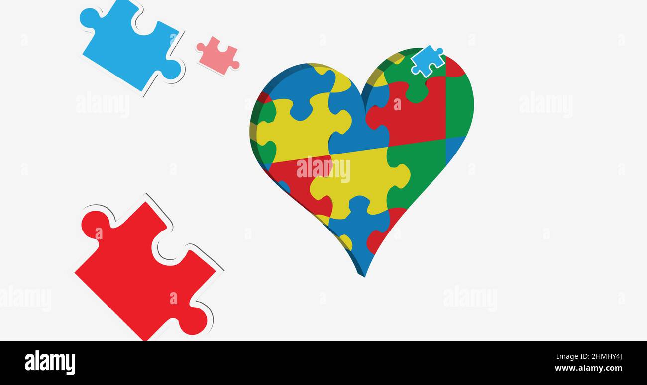 Image of puzzles falling over beating heart formed with autism awareness puzzles on white Stock Photo