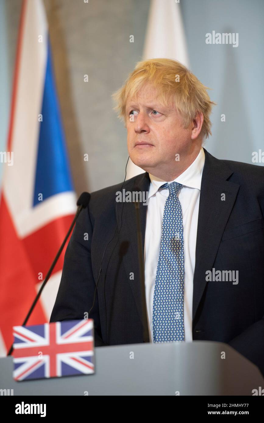 Warsaw, Warsaw, Poland. 10th Feb, 2022. British Prime Minister BORIS JOHNSON is seen during a meeting held in the chancellery of the Prime Minister of Poland on February 10, 2022 in Warsaw, Poland. The British Prime Minister Borish Johnson met Polish Prime Minister Mateusz Morawiecki to discuss about security in eastern Europe and Russian military build up on the border with Ukraine. Credit: ZUMA Press, Inc./Alamy Live News Stock Photo