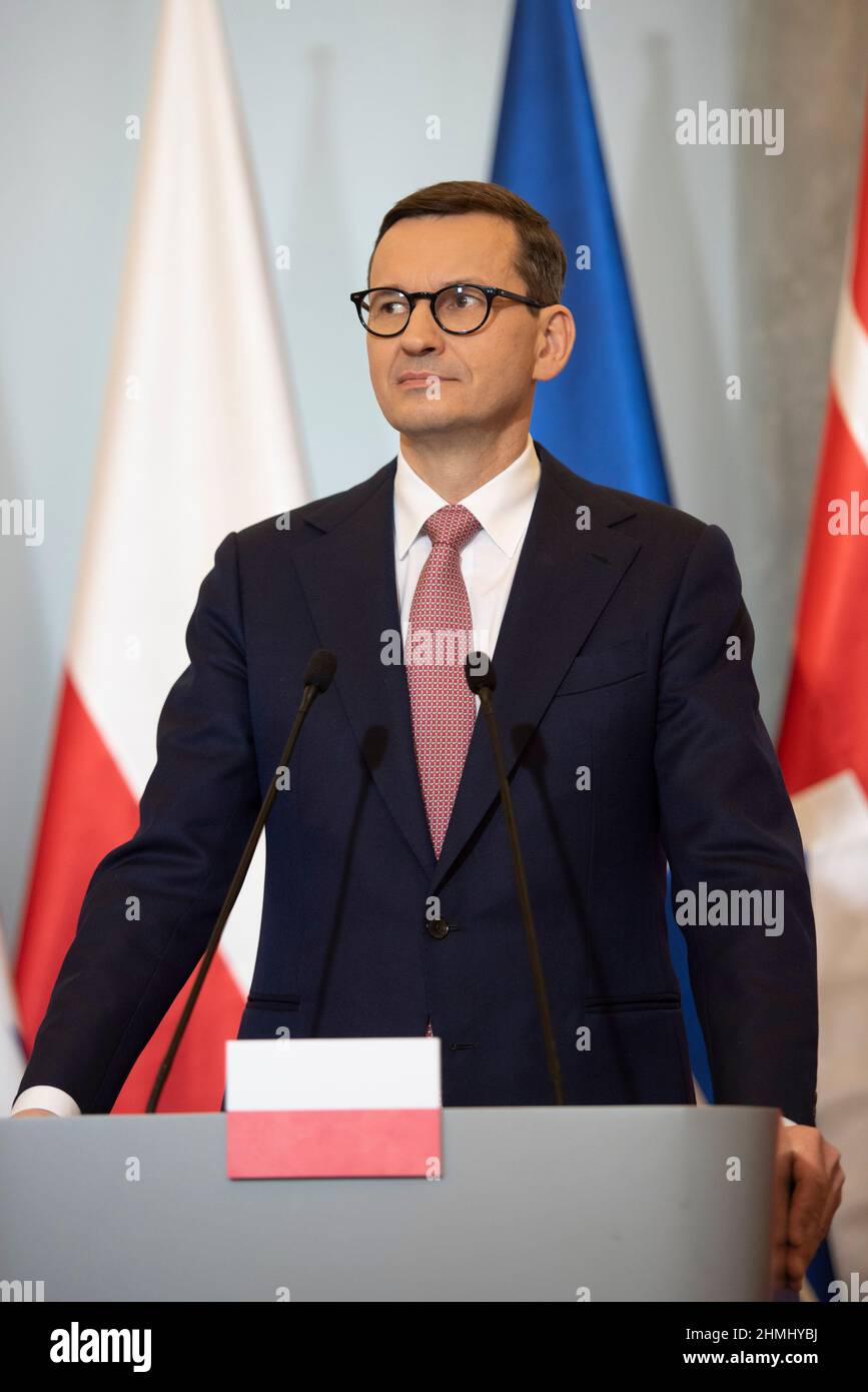 Warsaw, Warsaw, Poland. 10th Feb, 2022. Polish Prime Minister MATEUSZ MORAWIECKI is seen during a meeting held in the chancellery of the Prime Minister of Poland on February 10, 2022 in Warsaw, Poland. The British Prime Minister Borish Johnson met Polish Prime Minister Mateusz Morawiecki to discuss about security in eastern Europe and Russian military build up on the border with Ukraine. Credit: ZUMA Press, Inc./Alamy Live News Stock Photo