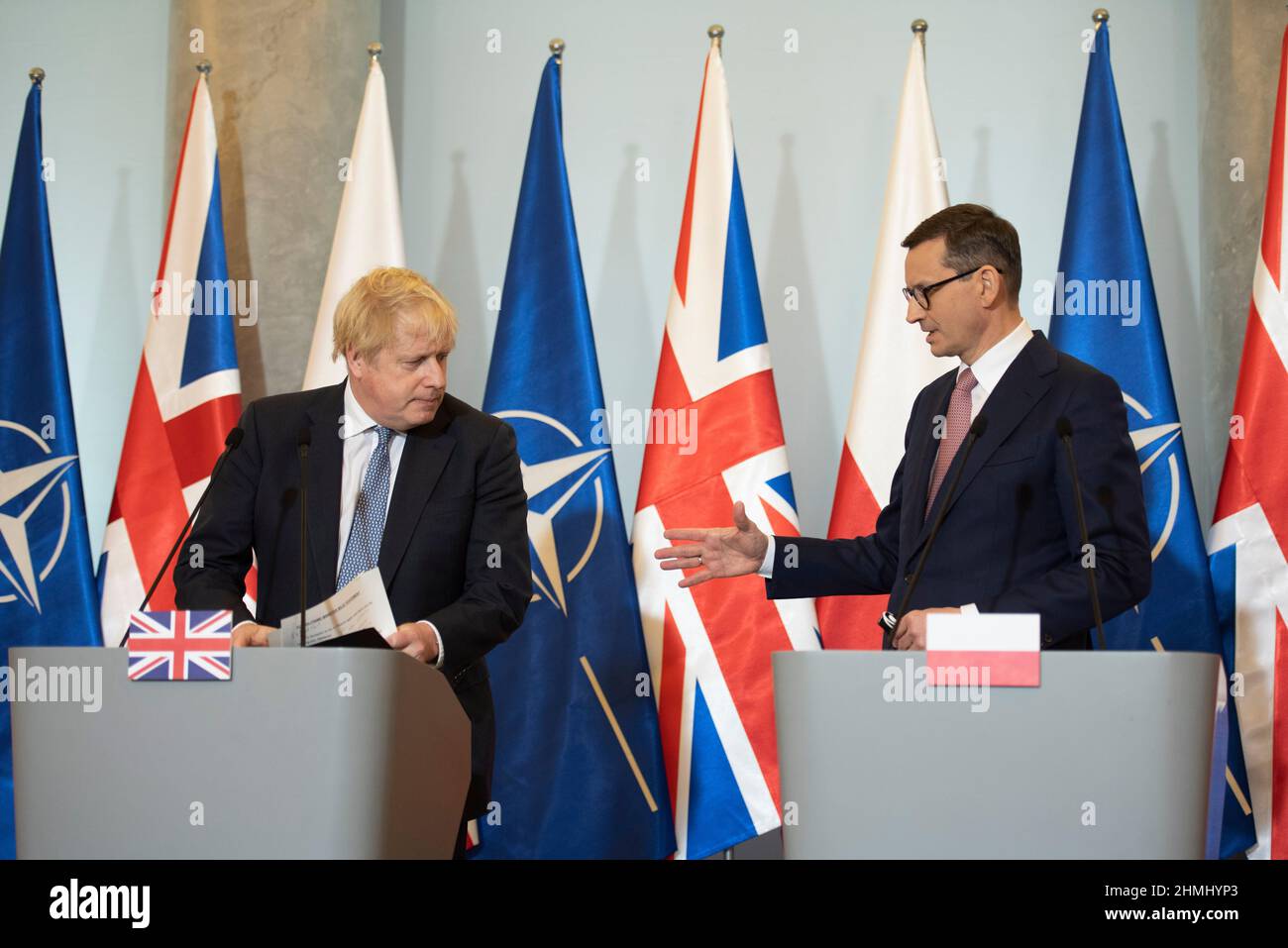 Warsaw, Warsaw, Poland. 10th Feb, 2022. Polish Prime Minister MATEUSZ MORAWIECKI (R) and the British Prime Minister BORIS JOHNSON (L) shake hands after a press conference at the chancellery of the Prime Minister of Poland on February 10, 2022 in Warsaw, Poland. The British Prime Minister Borish Johnson met Polish Prime Minister Mateusz Morawiecki to discuss about security in eastern Europe and Russian military build up on the border with Ukraine. Credit: ZUMA Press, Inc./Alamy Live News Stock Photo