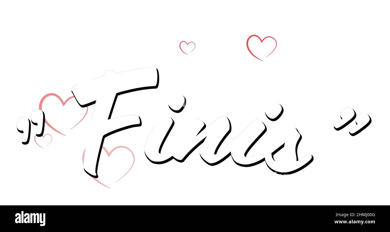 Digital image of finis text against multiple red heart icons falling