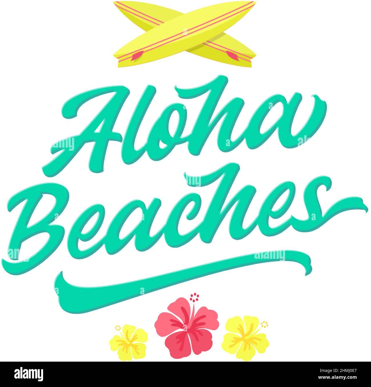 Aloha beaches lettering. Havaiian summer tropical sign, label, card template. Hibiscus flowers and surfing boards flat style decorative illustration Stock Vector