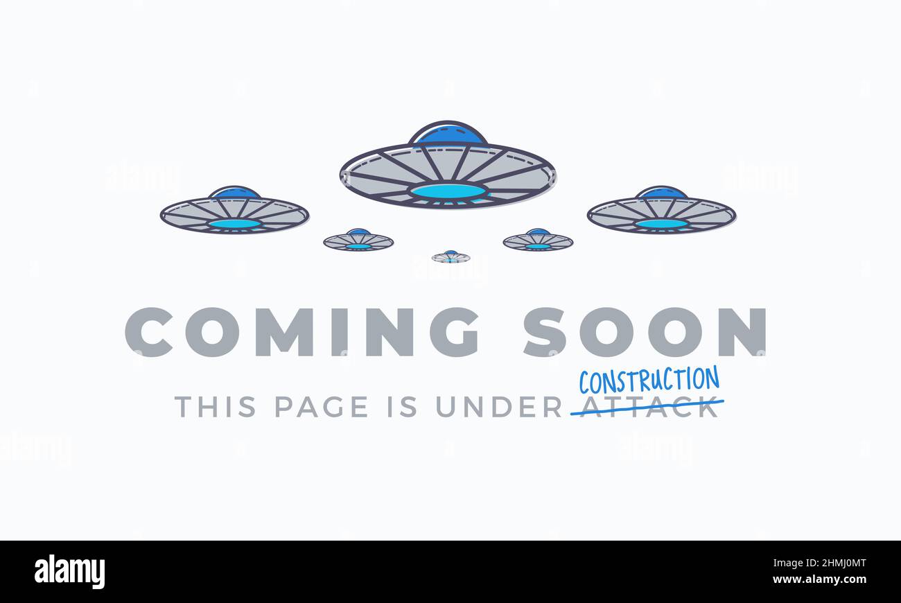 Coming soon outline style UFO invasion attack sign web template. Page under construction website vector colorful banner background Isolated Stock Vector