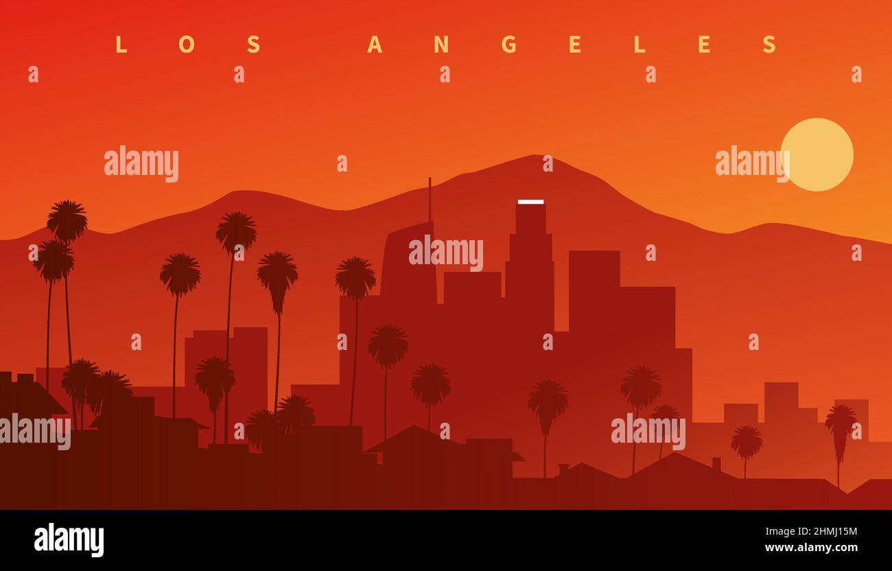 Downtown Los Angeles at sunset. Skyline silhouette with mountains in ...