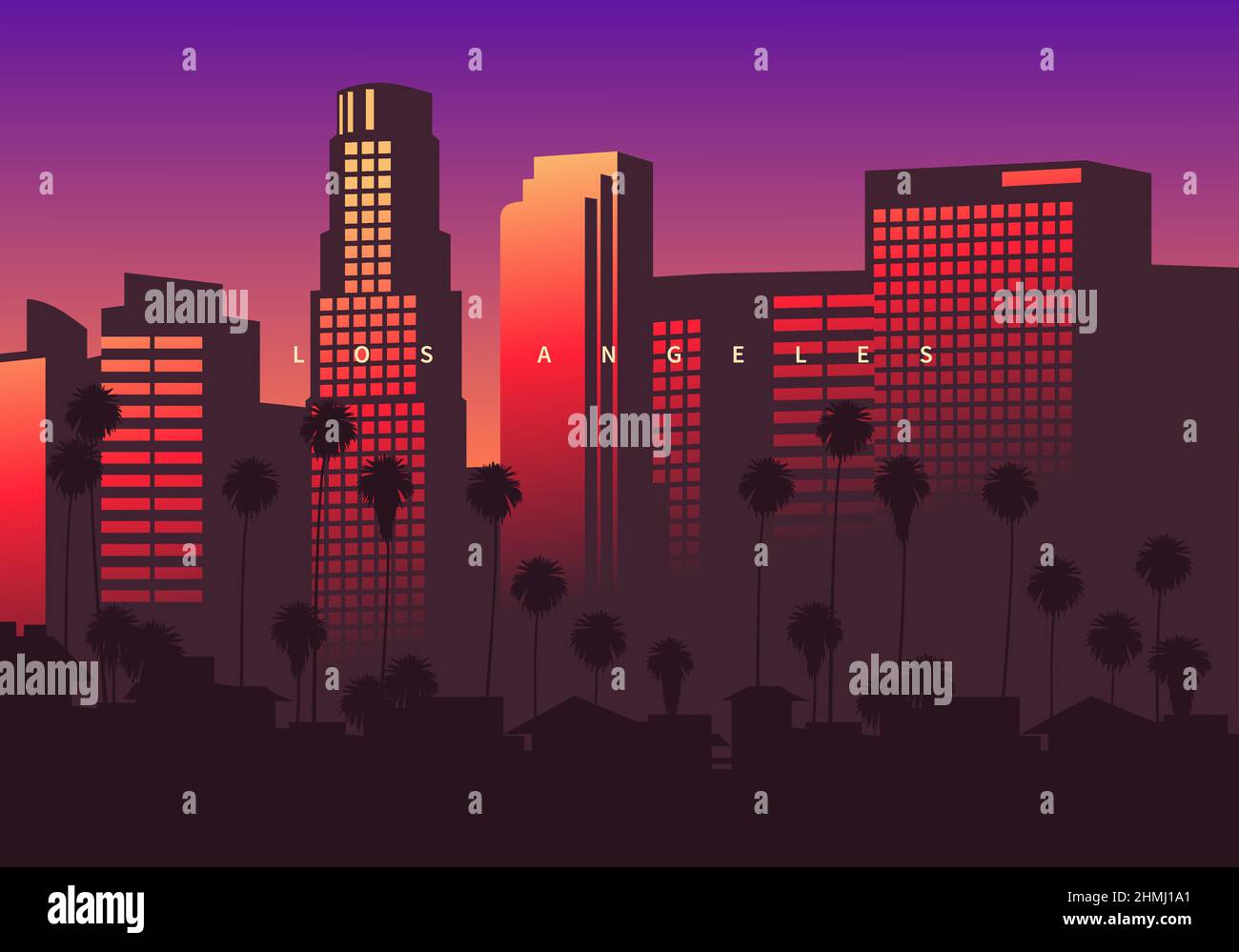 Los Angeles skyline at golden hour, California, USA. Skyscrapers in the