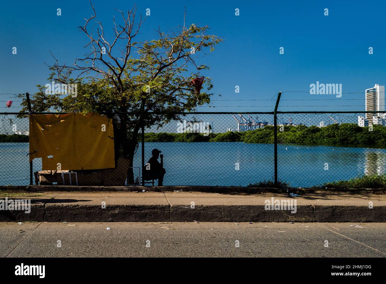 An Afro-Colombian man sits in front of a shack on the shore of the sea lagoon in Bahía de Manga, a luxurious neighborhood of Cartagena, Colombia. Stock Photo