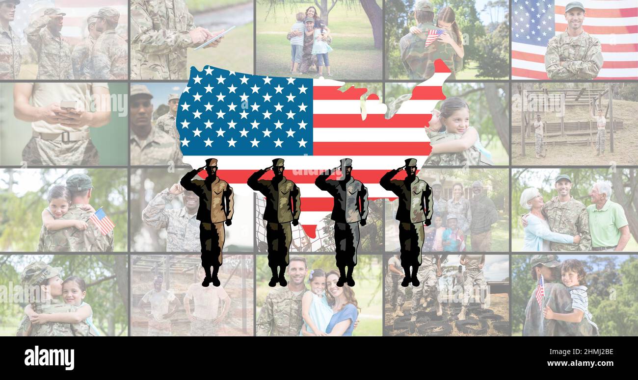 Soldier icons and us map with american flag over collage of multiracial soldier family Stock Photo