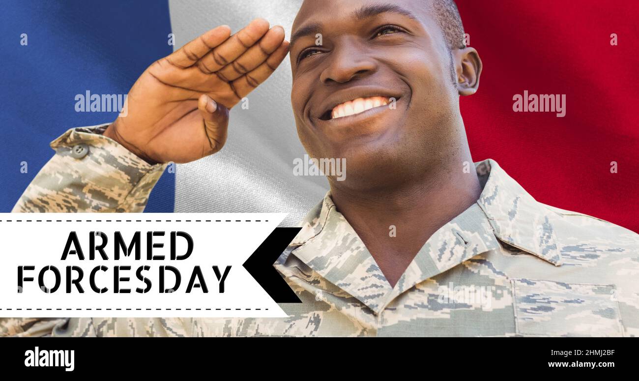 Text over african american young male soldier saluting against french flag Stock Photo