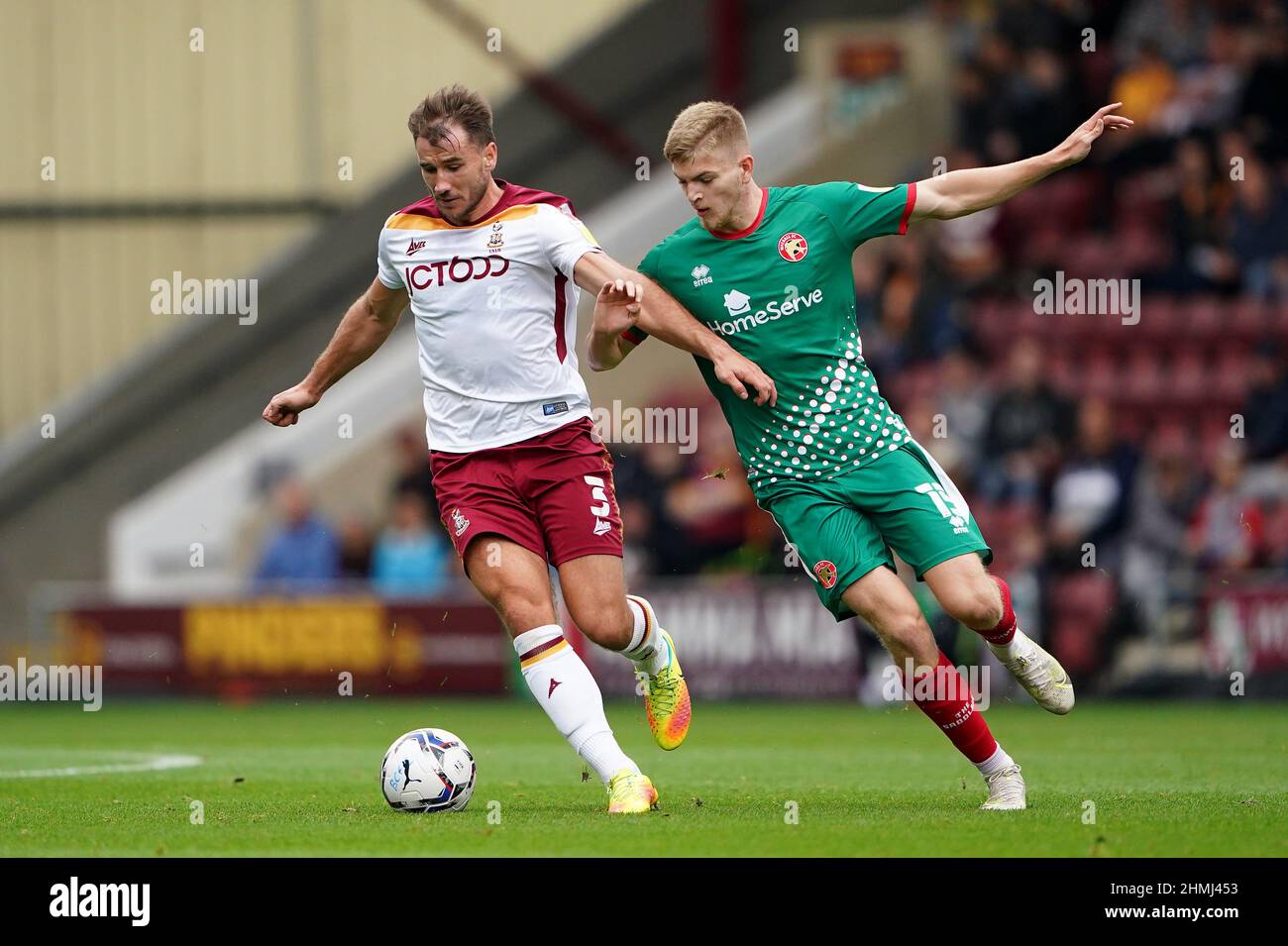 File photo dated 04-09-2021 of Bradford City's Liam Ridehalgh (left) and Walsall's Kieran Phillips. Liam Ridehalgh is doubtful for Bradford's clash against Exeter at the Utilita Energy Stadium. Issue date: Thursday February 10, 2022. Stock Photo