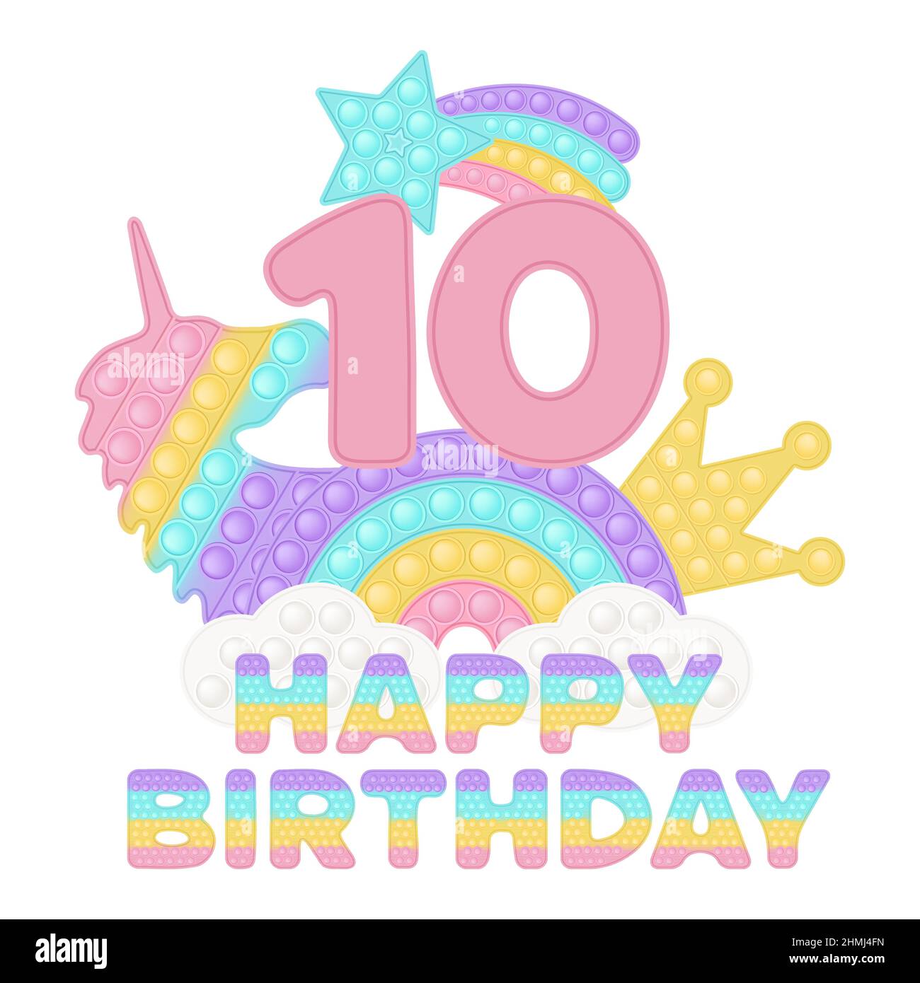 Happy 10th Birthday ten years pop it topper or sublimation print for t-shirt in style a fashionable silicone toy for fidgets. Pink number, unicorn, cr Stock Vector