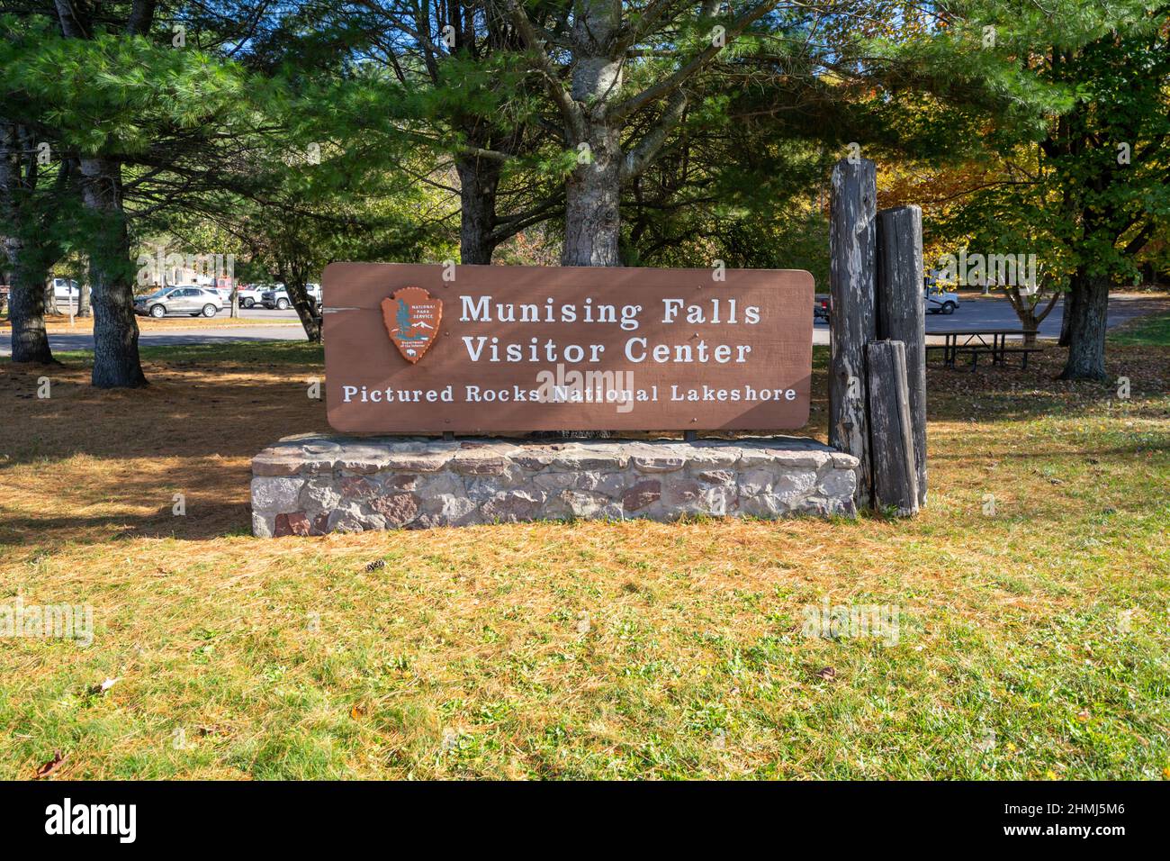 Munising, Michigan October 19, 2021 Sign for Munising Falls Visitor Center in Pictured Rocks