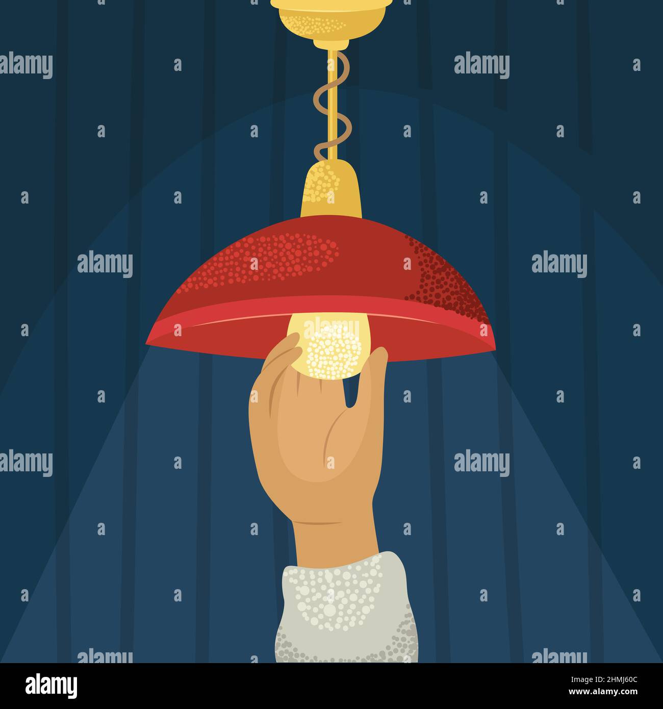 Vector illustration of a man screwing a light bulb into a chandelier. Stock Vector