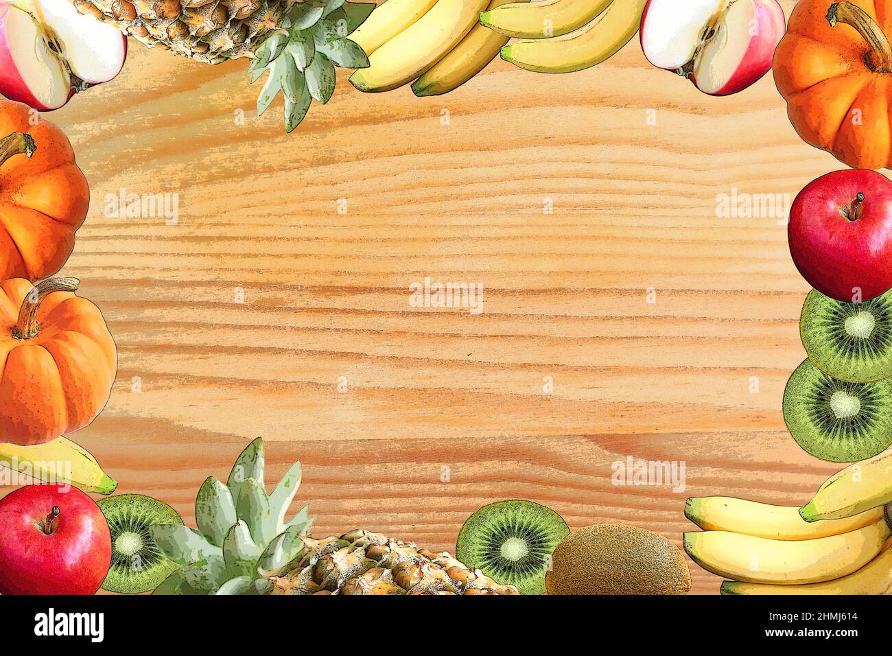 https://c8.alamy.com/comp/2HMJ614/illustration-of-frame-of-colorful-assorted-fresh-fruits-on-wooden-backdrop-2HMJ614.jpg