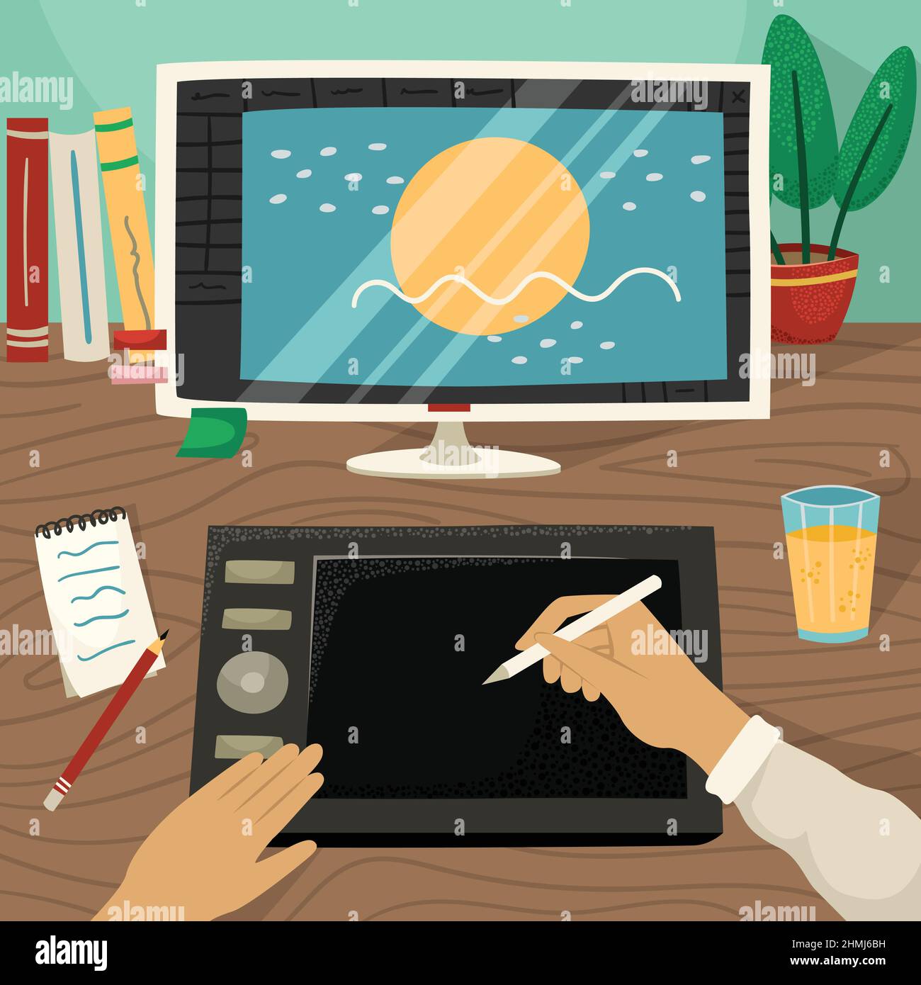 Vector illustration of an illustrator working on a graphic tablet with a monitor. The profession of a graphic designer. Stock Vector