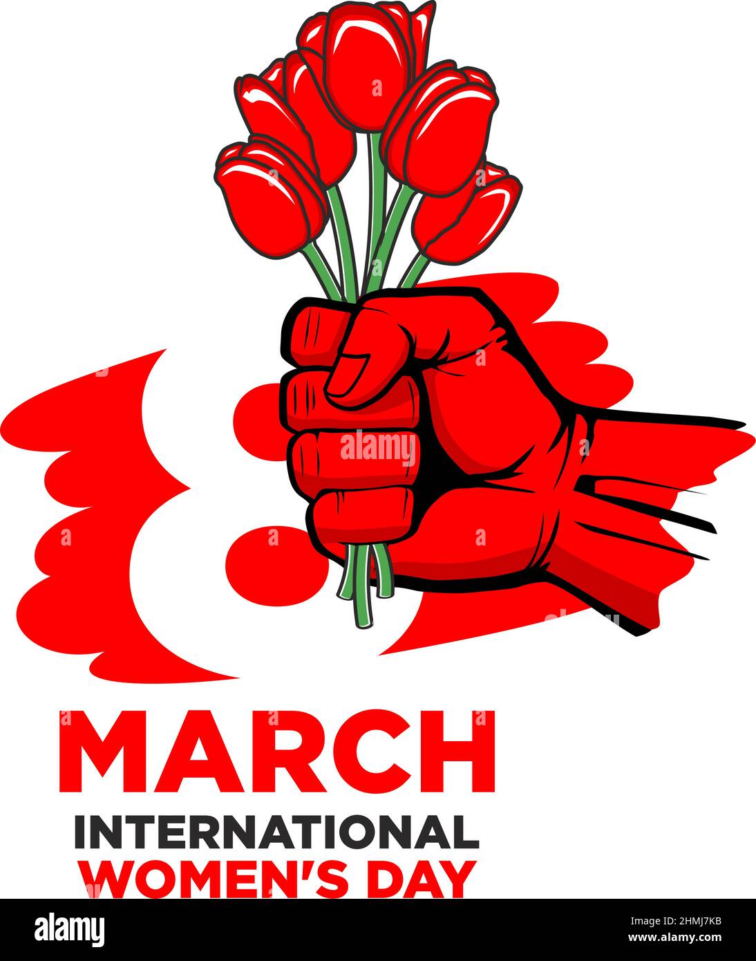 March 8 International Women's Day. Masculine hand giving bouquet of tulip flowers. Vector greeting card template Stock Vector