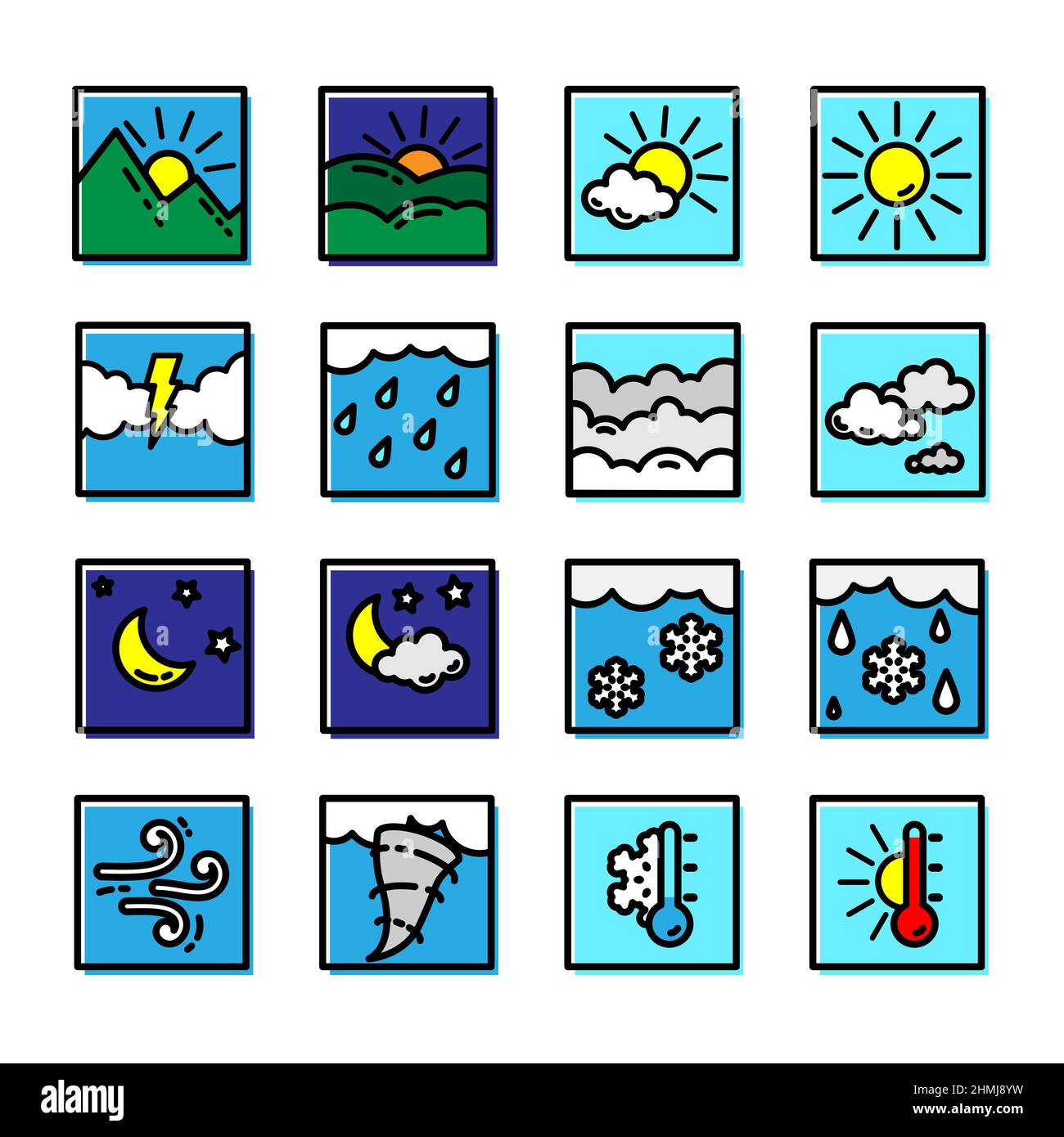Weather Forecast Color Square Flat Icon Design Set. Vector Illustration